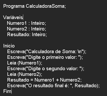 Calculadora de Soma em LPP | Português Estruturado | Portugol | Potigol | Pseudocódigo | Metalinguagem