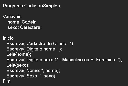 Cadastro Simples em LPP - Português Estruturado - Portugol - Potigol - Pseudocodigo - Metalinguagem